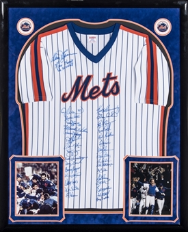 1986 New York Mets Team Signed Pinstripe Home Jersey With 33 Signatures in 34x42 Framed Display (PSA/DNA)